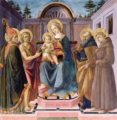 Madonna mit Kind auf dem Thron mit (v.l.n.r.) den Heiligen Zenobius, Johannes dem Täufer, Antonius Abt und Franziskus von Francesco di Stefano Pesellino